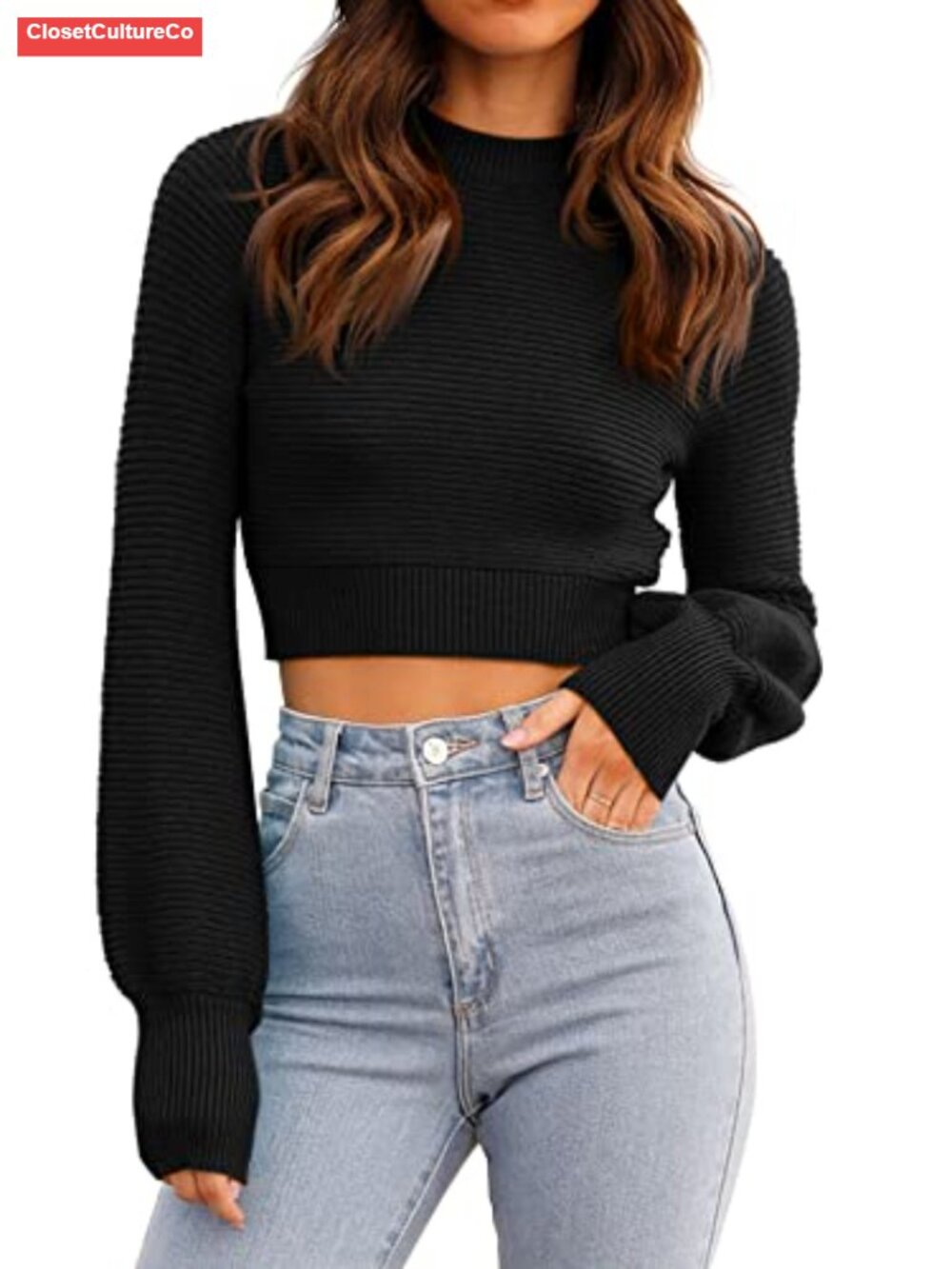 Ribbed Knit Cropped Crew Neck Sweater Balloon Sleeve Pullover